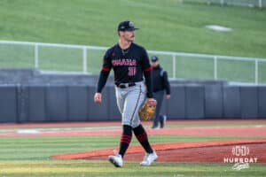 Omaha’sBen Weber looks at the runner during a baseball game against North Dakota State Wednesday, May 21st, 2025, in Omaha, Nebraska. Photo by Brandon Tiedemann.