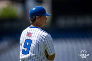 Creighton Bluejays head coach Ed Servais standing at third base against the Xavier Musketeers during a college baseball game on Sunday, May 11, 2025 in Omaha, Nebraska. Photo by John S. Peterson.