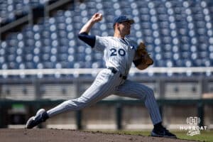 Xavier Musketeer pitcher Ryan Piech (20) throws a pitch against the Creighton Bluejays in the first inning during a college baseball game on Sunday, May 11, 2025 in Omaha, Nebraska. Photo by John S. Peterson.