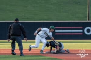 Omaha’s Jackson Trout slides during a baseball game against North Dakota State Wednesday, May 21st, 2025, in Omaha, Nebraska. Photo by Brandon Tiedemann.