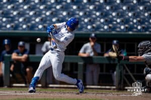 Creighton Bluejay outfielder Tate Gillen (20) singles in the first inning against the Xavier Musketeers during a college baseball game on Sunday, May 11, 2025 in Omaha, Nebraska. Photo by John S. Peterson.