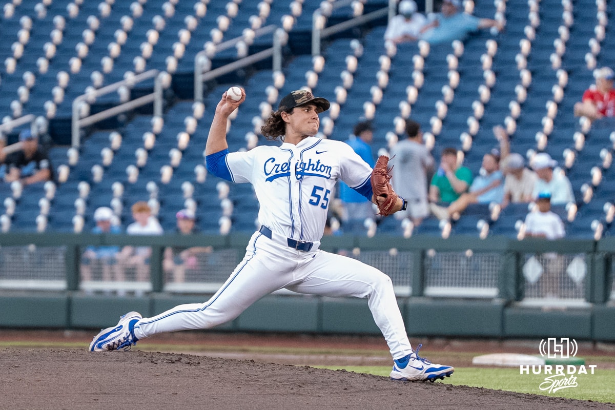 Creighton Bluejays Dominic Cancellieri pitches during a baseball game against Xavier on May 9th, 2025 in Omaha Nebraska. Photo by Brandon Tiedemann.