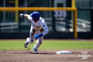 Creighton Bluejay outfielder Tate Gillen (20) advances to third base after a throwing error stealing second against the Xavier Musketeers in the first inning during a college baseball game on Sunday, May 11, 2025 in Omaha, Nebraska. Photo by John S. Peterson.