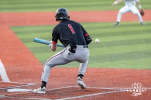 Omaha’s Henry Zipay bunts during a baseball game against North Dakota State Wednesday, May 21st, 2025, in Omaha, Nebraska. Photo by Brandon Tiedemann.