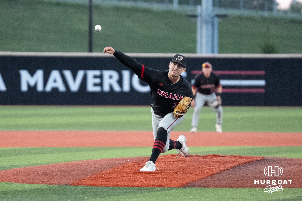 Omaha’s Ben Weber pitches during a baseball game against North Dakota State Wednesday, May 21st, 2025, in Omaha, Nebraska. Photo by Brandon Tiedemann.