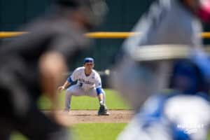 Creighton Bluejay thrid baseman Matt Scherrman (3) ready for the ball against the Xavier Musketeers during a college baseball game on Sunday, May 11, 2025 in Omaha, Nebraska. Photo by John S. Peterson.
