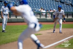 Creighton Bluejay catcher Connor Capece (2) leading off of third base against the Xavier Musketeers in the fourth inning during a college baseball game on Sunday, May 11, 2025 in Omaha, Nebraska. Photo by John S. Peterson.
