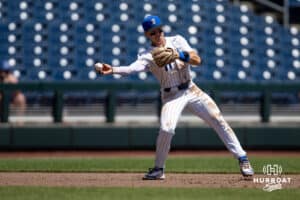 Creighton Bluejay infielder Ben North (11) throws to first against the Xavier Musketeers in the fifth inning during a college baseball game on Sunday, May 11, 2025 in Omaha, Nebraska. Photo by John S. Peterson.