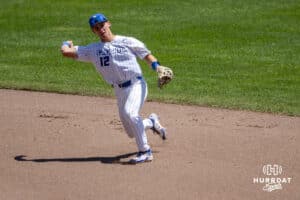 Creighton Bluejay infielder Nick Venteicher (12) throws to first against the Xavier Musketeers during a college baseball game on Sunday, May 11, 2025 in Omaha, Nebraska. Photo by John S. Peterson.