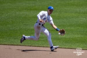Creighton Bluejay infielder Ben North (11) fields the ball against the Xavier Musketeers during a college baseball game on Sunday, May 11, 2025 in Omaha, Nebraska. Photo by John S. Peterson.