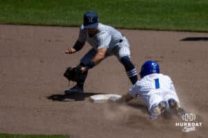 Creighton Bluejay Nolan Sailors (1) slides to second against the Xavier Musketeers during a college baseball game on Sunday, May 11, 2025 in Omaha, Nebraska. Photo by John S. Peterson.