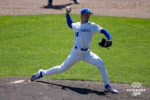 Creighton Bluejay pitcher Ian Koosman (24) throws a pitch against the Xavier Musketeers during a college baseball game on Sunday, May 11, 2025 in Omaha, Nebraska. Photo by John S. Peterson.