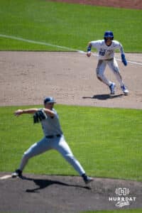 Creighton Bluejay outfielder Tate Gillen (20) leads off against the Xavier Musketeers in the seventh inning during a college baseball game on Sunday, May 11, 2025 in Omaha, Nebraska. Photo by John S. Peterson.