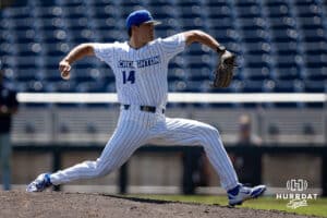 Creighton Bluejay pitcher Shea Wendt (14) throws a pitch in the eighth inning against the Xavier Musketeers during a college baseball game on Sunday, May 11, 2025 in Omaha, Nebraska. Photo by John S. Peterson.