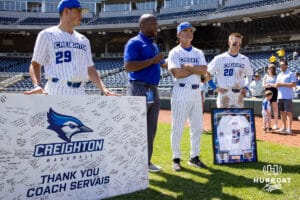 Creighton Bluejays athletic director Marcus Blossom speaking recognizing head coach Ed Servaisfor his years of service after the game against the Xavier Musketeers during a college baseball game on Sunday, May 11, 2025 in Omaha, Nebraska. Photo by John S. Peterson.