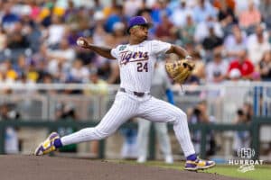 LSU Tiger pitcher Anthony Eyanson (24) throws a pitch in the first inning against the UCLA Bruins during the College World Series on Monday, June 16, 2025 in Omaha, Nebraska. Photo by John S. Peterson.