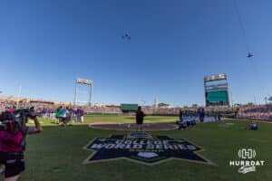 Three F16s from the Colorado Air National Guard flyover during the National Anthem before the College World Series baseball game between LSU and Coastal Carolina on Saturday, June 21, 2025 in Omaha, Nebraska. Photo by John S. Peterson.