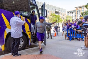 LSU Tigers head coach Jay Johnon arrives at the stadium to take on the Coastal Carolina Chanticleers in the second game of the finals during the College World Series on Sunday, June 22, 2025 in Omaha, Nebraska. Photo by John S. Peterson.