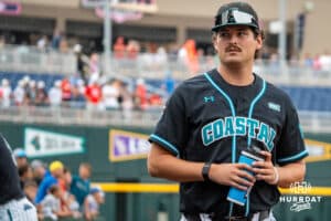 Coastal Carolina Chanticleer pitcher Tadan Bell (33) before a baseball game Thursday June 18th 2025 in Omaha Nebraska. Photo by Brandon Tiedemann.