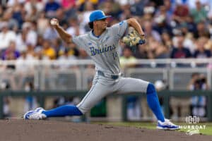 UCLA Bruin pitcher Landon Stump (14) throws a pitch against the LSU Tigers in the first inning during the College World Series on Monday, June 16, 2025 in Omaha, Nebraska. Photo by John S. Peterson.