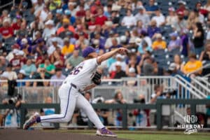 LSU Tiger pitcher Zac Cowan (26) throws a pitches against the Arkansas Razorbacks during the College World Series on Thursday June 18th 2025 in Omaha Nebraska. Photo by Brandon Tiedemann.