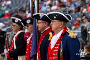 Color guard stand at attention before the game between Coastal Carolina Chanticleers and Louisville Cardinals during the College World Series on Wednesday, June 18, 2025 in Omaha, Nebraska. Photo by John S. Peterson.