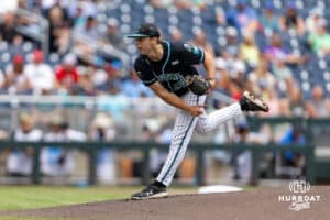 Coastal Carolina Chanticleer pitcher Riley Eikhoff (26) throws a pitch against the Louisville Cardinals in the first inning during the College World Series on Wednesday, June 18, 2025 in Omaha, Nebraska. Photo by John S. Peterson.