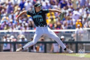 Coastal Carolina Chanticleer pitcher Jacob Morrison (51) throws a ptich against the LSU Tigers in the second game of the finals during the College World Series on Sunday, June 22, 2025 in Omaha, Nebraska. Photo by John S. Peterson.