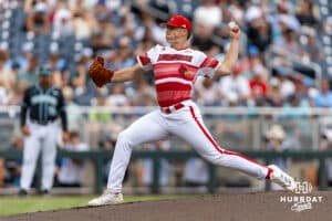 Louisville Cardinal pitcher Colton Hartman (15) throws a pitch against the Coastal Carolina Chanticleersjdfs during the College World Series on Wednesday, June 18, 2025 in Omaha, Nebraska. Photo by John S. Peterson.