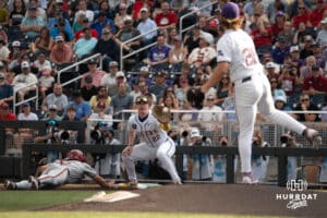 LSU Tiger first baseman Jared Jones (22) looks to tag a runner during a baseball game Thursday June 18th 2025 in Omaha Nebraska. Photo by Brandon Tiedemann.