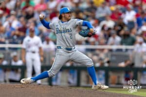 UCLA Bruin pitcher Cody Delvecchio (2) throws a pitch against the Arkansas Razorbacks in the second inning during the College World Series on Tuesday, June 17, 2025 in Omaha, Nebraska. Photo by John S. Peterson.