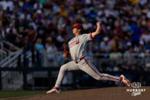 Arkansas Razorback pitcher Landon Beidelschies (35) throws a pitch against the LSU Tigers in the third inning during the College World Series on Wednesday, June 18, 2025 in Omaha, Nebraska. Photo by John S. Peterson.