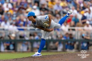 UCLA Bruin pitcher Landon Stump (14) throws a pitch against the LSU Tigers in the third inning during the College World Series on Monday, June 16, 2025 in Omaha, Nebraska. Photo by John S. Peterson.