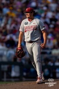 Arkansas Razorback pitcher Landon Beidelschies (35) celebrates striking out the next three players in the third inning against the LSU Tigers during the College World Series on Wednesday, June 18, 2025 in Omaha, Nebraska. Photo by John S. Peterson.