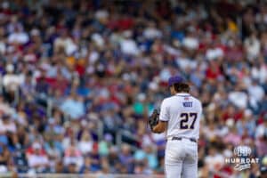 LSU Tiger pitcher Jaden Noot (27) in to pitch against the Arkansas Razorbacks in the fifth inning during the College World Series on Wednesday, June 18, 2025 in Omaha, Nebraska. Photo by John S. Peterson.