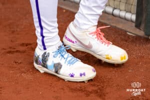 LSU Tiger infielder Steven Milam (4) has three dogs drawn on his shoes against the UCLA Bruins during the College World Series on Tuesday, June 17, 2025 in Omaha, Nebraska. Photo by John S. Peterson.