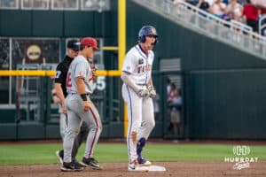 LSU Tiger outfielder Ethan Frey (16) celebrates during a baseball game Thursday June 18th 2025 in Omaha Nebraska. Photo by Brandon Tiedemann.