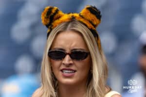 LSU Tigers fan wearing some tiger ears against the UCLA Bruins during the College World Series on Tuesday, June 17, 2025 in Omaha, Nebraska. Photo by John S. Peterson.