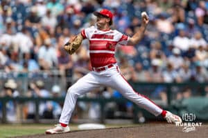 Louisville Cardinal pitcher TJ Schlageter (19) throws a pitch against the Coastal Carolina Chanticleers in the third inning during the College World Series on Wednesday, June 18, 2025 in Omaha, Nebraska. Photo by John S. Peterson.