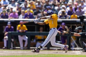 LSU Tiger outfielder Chris Stanfield (1) hits a two run single in the fourth inning against the Coastal Carolina Chanticleers in the second game of the finals during the College World Series on Sunday, June 22, 2025 in Omaha, Nebraska. Photo by John S. Peterson.