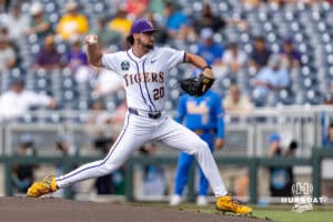 LSU Tiger pitcher Casan Evans (20) throws a pitch against the UCLA Bruins in the third inning during the College World Series on Tuesday, June 17, 2025 in Omaha, Nebraska. Photo by John S. Peterson.