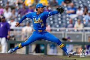 UCLA Bruin pitcher Wylan Moss (18) throws a pitch in the fourth inning against the LSU Tigers during the College World Series on Tuesday, June 17, 2025 in Omaha, Nebraska. Photo by John S. Peterson.