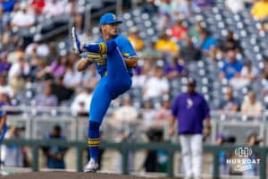 UCLA Bruin pitcher Wylan Moss (18) throws a pitch against the LSU Tigers during the College World Series on Tuesday, June 17, 2025 in Omaha, Nebraska. Photo by John S. Peterson.