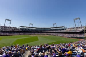 LSU Tigers and Coastal Carolina Chanticleers fans pack the stadium for the in the second game of the finals during the College World Series on Sunday, June 22, 2025 in Omaha, Nebraska. Photo by John S. Peterson.