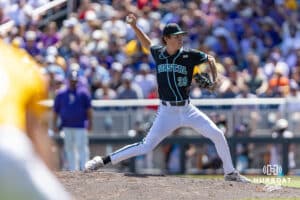 Coastal Carolina Chanticleer pitcher Darin Horn (39) throws a pitch against the LSU Tigers in the seventh inning in the second game of the finals during the College World Series on Sunday, June 22, 2025 in Omaha, Nebraska. Photo by John S. Peterson.