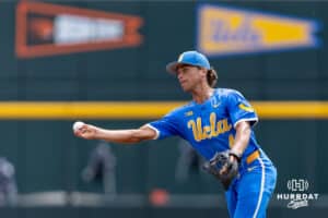 UCLA Bruin infielder Phoenix Call (4) throws to first against the LSU Tigers in the seventh inning during the College World Series on Tuesday, June 17, 2025 in Omaha, Nebraska. Photo by John S. Peterson.
