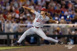 Arkansas Razorback pitcher Cole Gibler (29) throws a pitch in the ninth inning against the LSU Tigers during the College World Series on Wednesday, June 18, 2025 in Omaha, Nebraska. Photo by John S. Peterson.