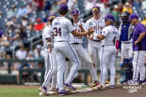 LSU Tiger pitcher Chase Shores (34) takes over pitching against the UCLA Bruins in the eighth inning during the College World Series on Tuesday, June 17, 2025 in Omaha, Nebraska. Photo by John S. Peterson.