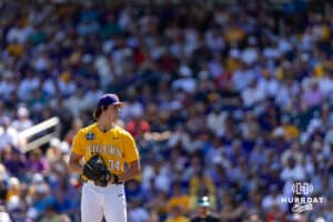 LSU Tiger pitcher Chase Shores (34) about to throw a pitch against the Coastal Carolina Chanticleers in the seventh inning in the second game of the finals during the College World Series on Sunday, June 22, 2025 in Omaha, Nebraska. Photo by John S. Peterson.