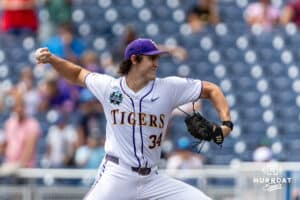LSU Tiger pitcher Chase Shores (34) throws a pitch in the ninth inning against the UCLA Bruins during the College World Series on Tuesday, June 17, 2025 in Omaha, Nebraska. Photo by John S. Peterson.